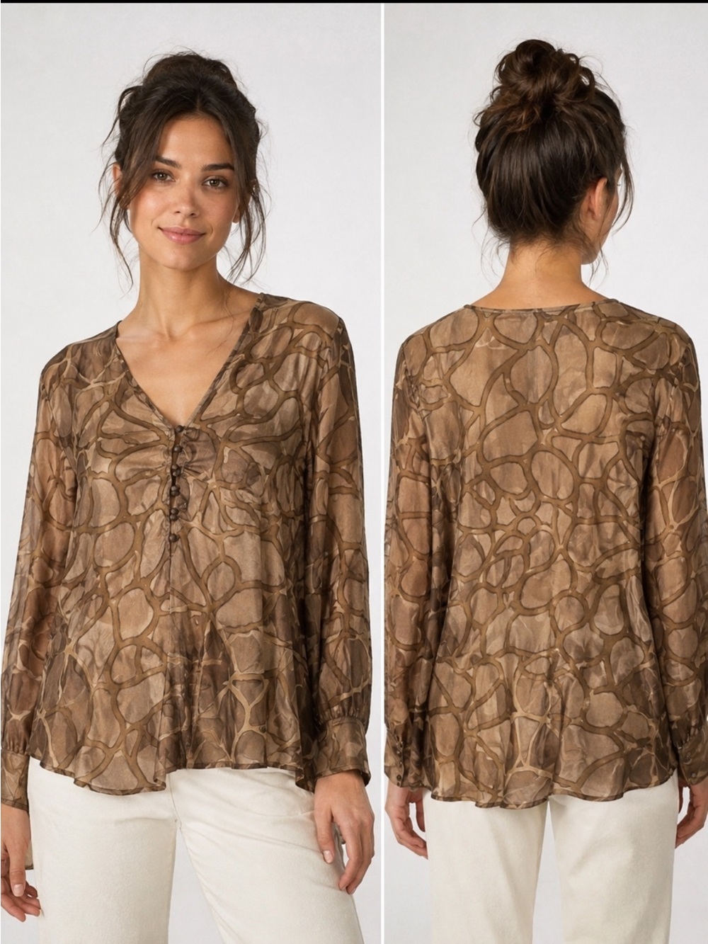 Chico’s Silk/Rayon Sheer Abstract Animal Print Blouse — Size 1